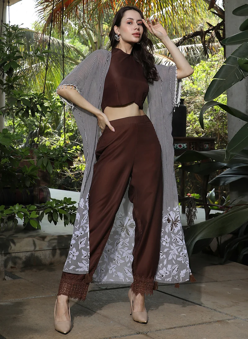  قصة Women's Chocolate Brown Ethereal Bohemian Co-Ord Set For Casual Wear | Halter Neck | Quarter Regular Sleeves | 3 Piece Co-Ords Designed With Comfort Fit For Everyday Ethnic Wear